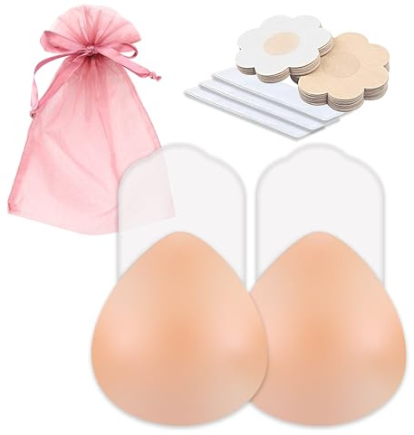 GLINDIHOME Sujetador Invisible Adhesivo de Silicona. 2 Copas PUSH UP sin tirantes. 5 pares de Pezoneras de tela, 36 tiras de doble cara ropa-piel y 1 bolsa de tela. Nudebra, Boob tape (S-M)