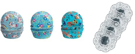 Demmler Muffinförmchen Set - Cupcakeförmchen mit den Motiven Einhorn(blau), Luftballons, Pirat - Maße: 5 x 5 x 2,5 cm - Insgesamt 180 Stück - Made in Germany