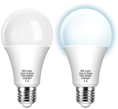 MDLight 12W E27 LED Bombilla Sensor Crepuscular, Globo Bombilla Con Sensor de Luz, Dia y Noche Encendido Apagado Automático, Equivalencia 100W, Blanco Frio 6000K, 2 Unidades