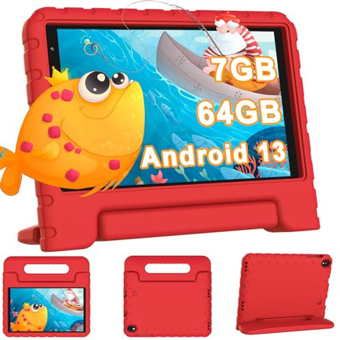 YESTEL Tablet para Niños 8 Pulgadas HD – Android con Control Parental, WiFi 6, 7GB RAM, 64GB ROM Expandible hasta 1TB, GPS, BT 5.0 – Funda EVA Antigolpes – Ideal para Juegos y Educación – Rojo