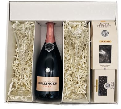 Coffret Cadeau noir - Champagne Bollinger -1 Rosé - Cacaotines (1x150g) et Raisins au sauternes (1x100g) MAISON GUINGUET – 2 flûtes CHEF SOMMELIER