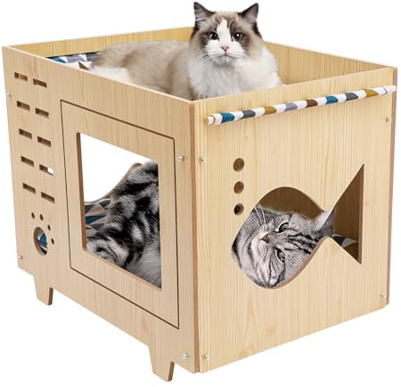 Maison pour Chat, Niche en Bois pour Chat, Chat Lodge avec Coussin Doux, Abri pour Chat, Clapier Convient à la Plupart des Chats, Grand Espace, 55 x 40 x 44cm