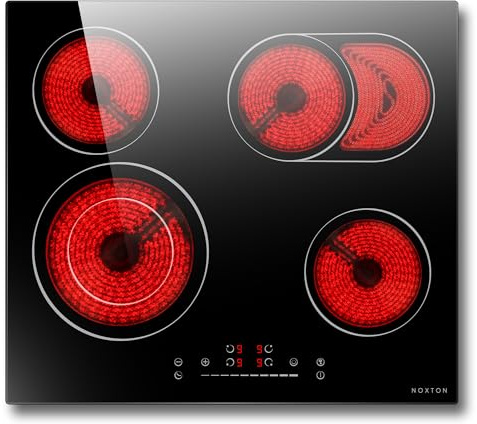 NOXTON Ceramic Hob, Built-in Electric Hobs 59 cm with Oval Zone for Grill Pan Slide Control,Up to 99minTimer,with Safe Lock Heat Indicator Auto Shut-off Black Glass