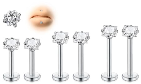 AVYRING 6 pezzi di filo in acciaio inox Medusa Flat Back earrings, 16G 6/8/10mm Silver Tragus Cartilage Helix Lip Labret Studs with Steel Ball and CZ for Women Men Forward Helix Jewelry, Acciaio