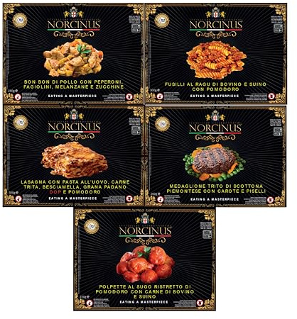 Norcinus Sélection de 5 plats cuisinés Gourmet à partir de matières premières d'excellence gastronomique italienne, avec de la viande.