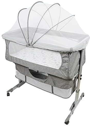 MUL-BOUTIQUE Babybett, Wiege, Babykörbchen, zusammenklappbare Seite, verstellbare Höhe, Netzfenster und 4 Rollen mit Bremse, maximale Tragkraft 50 kg (grau)