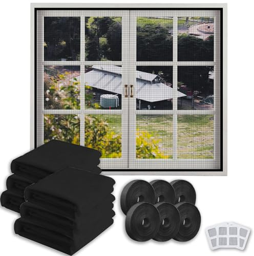 Xiujuers 6 PCS Moustiquaire Fenetre, 130x150cm Moustiquaire pour Fenêtre avec 6 Rubans Autocollants, Moustiquaire Fenetre Sans Percage, Moustiquaire Aenetre Scratch,Toile Moustiquaire Découpable(Noir)