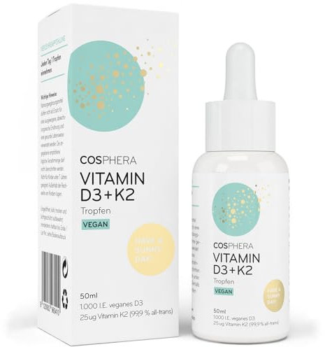 Vitamin D3 K2 Tropfen hochdosiert & vegan - 1.000 IE D3 + 25µg K2 MK7 (99,9% all-trans) + MCT-Öl - Sonnenvitamin D (Cholecalciferol) für Knochen und Immunsystem - 50 ml flüssig ohne Zusätze