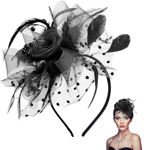 Dihemo Fascinator Hüte für Damen Pillbox Hut Vintage Schleier Hut Blumen-Mesh-Bänder Federn auf Einem Stirnband und Einer Haarspange TeaPartyHut Kopfbedeckung
