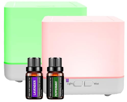 Difusor de aceites esenciales de 300 ml, 2 paquetes con juego de 2 aceites esenciales blancos, humidificador lindo con Cool Mist, Auto Off, 7-Colors Night lignts 3 en 1 difusor de aromas portátil para