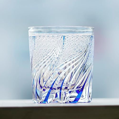 MMRTDJDR Tazza da Whisky in Vetro Stile Tumbler da 260 ml, con Motivi e Colori Blu-Verde incisi a Mano (Blu)