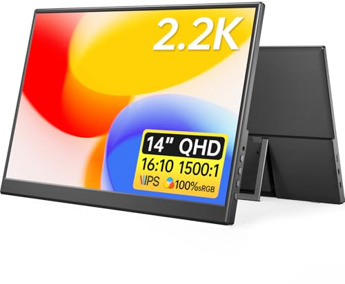 Yxk - Portable Monitor 14 inch 2.2K QHD USB C HDMI Ultra Slim IPS Travel Screen and Speakers, HDR Plug & Play, External Monitor for Laptop, PC, Phone, Mac