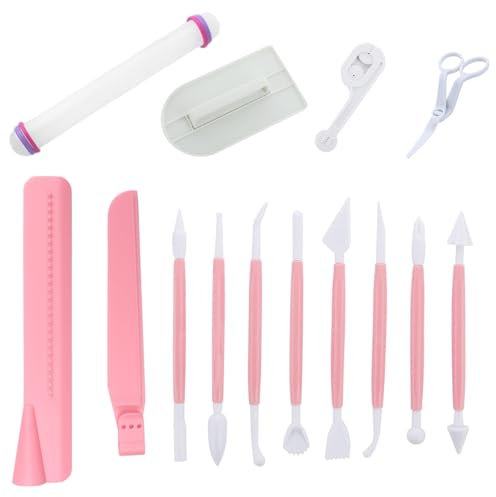 Narunii 13 Pcs Outils de Modelage Fondant Outils De Décoration avec Réglable Grattoir à Gâteau,Lisseur Gateau,Sculpture,Rouleau à Pâtisserie,Ciseaux à Fleurs,Coupe-Biscuits Accessoires