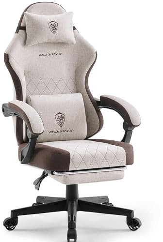 Dowinx Gaming Stuhl Stoff mit Frühling Kissen, Massage Lendenwirbelstütze Bürostuhl mit Fußstütze für Erwachsene, Ergonomischer Gaming Sessel Groß und Hoch für Office Gaming 135KG, Braun
