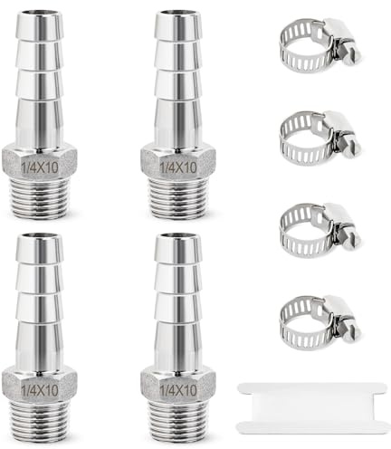 Josaton 4 Pcs Barb Hose Fitting Stainless Steel 1/4” Male x 10mm Barb, Hose Barb Connector with Hose Clamp 4 Set Barb Pipe Fitting for Air Water Fuel
