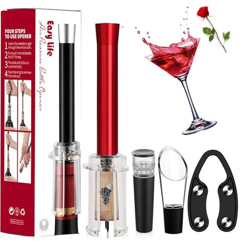MIRACLEW Wine Opener Set, Air Pressure Cork Remover, Bottle Opener, Vacuum Stopper, Wine Pourer, Paper Cutter (Red)