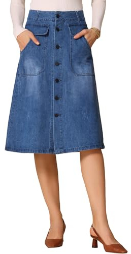 Allegra K Gonna longuette da donna A-Line con bottoni sul davanti a vita alta Jean Denim Gonna, Blu, XL