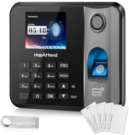 HapAttend Registro de tiempo para pequeñas empresas, reloj de sello de huellas dactilares, registro de tiempo de trabajo, reloj de sello de edición alemana, registro de tiempo empleados con 5 RFID (0
