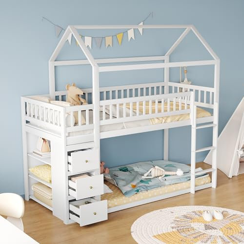 HAINEW Etagenbett Kinderbett 90×200cm mit Leiter und 3 Schubladen, Holzbett Hausbett Hochbett Bodenbett Funktionsbett mit Lagerregal, Lattenrost und Rausfallschutz für 2 Kinder (Weiß)