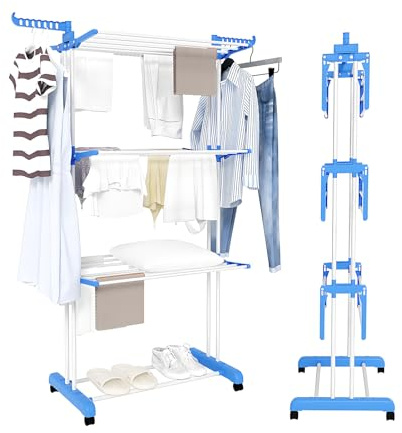 LN COZY CORNER Drying Rack 3 Tier Foldable Clothes Rack Drying Rack Portable Indoor and Outdoor Rolling Clothes Rack with Foldable Wings and Casters for Bedroom