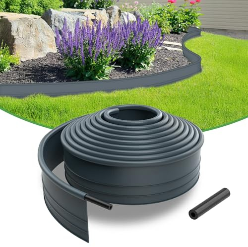 Rasenkante Flexible 12m, Kunststoff Beeteinfassung 100mm Höhe, Stay-in-Place Design, Beetumrandung Frostsicher, Rasenbegrenzung für Garten-Blumenbeete, Kiesgärten, Rasenfläche Trennen, Anthrazit