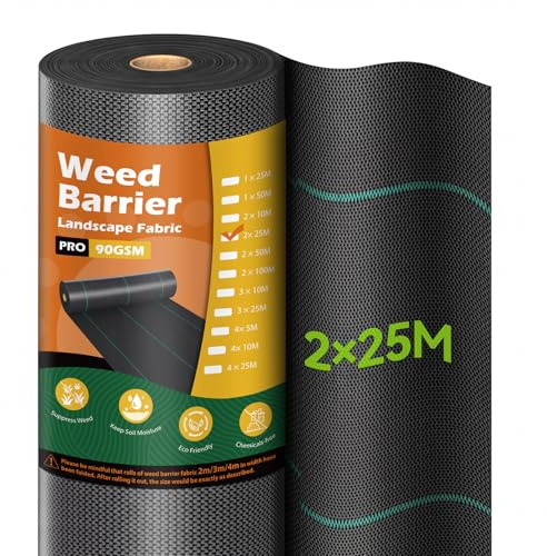 iropro 2m x 25m Toiles de Paillage, 50㎡ Geotextile, Bache Anti Mauvaises Herbes, Tissu Perméable à l'eau, Résiste Rayons UV, Anti Repousse- Noir