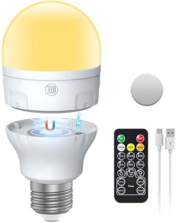 I-SHUNFA USB-C Bombilla Recargable Con Mando A Distancia,AC100-240V E27 Bombillas LED 7W, 3 Colores Regulable Control Táctil Bombilla Recargable, 2000mAh Luz De Emergencia Con Magnético, Pack de 1