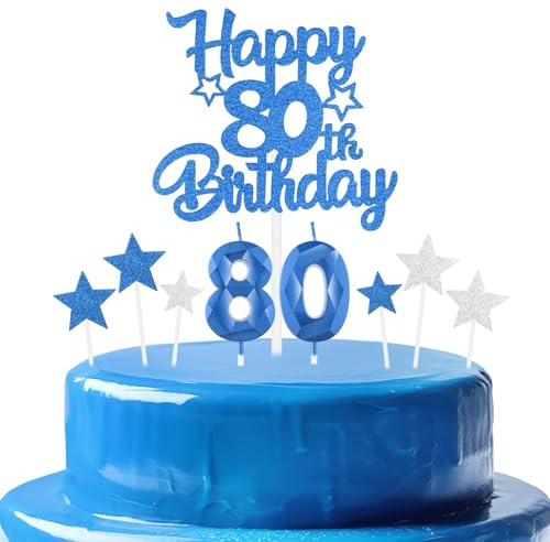 mciskin Royal Blue 80th Birthday Candles Cake Topers Set,Men 80th Birthday Decorations,Royal Blue Number 80 Candle for Cake,Personalised Cupcake Toppers with Star for Men Women Birthday Party Supplies