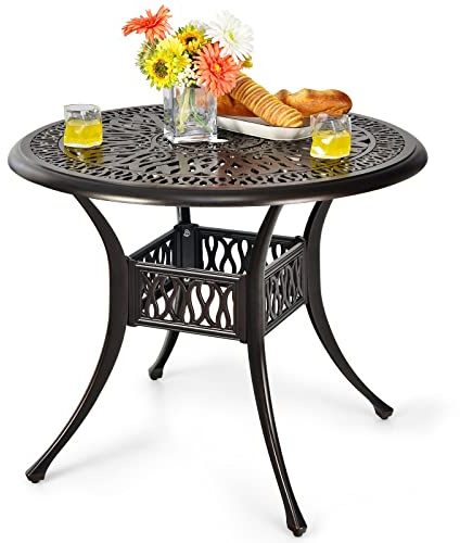 COSTWAY Trädgårdsbord med paraplyhål, Ø 90 cm, runt balkongbord av gjuten aluminium, väderbeständigt terrassbord för trädgård, terrass, balkong, antikt utseende, 90 x 90 x 72 cm