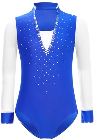 Aislor Kids Boys Figure Ice Skating Jumpsuit Sparkly Long Sleeve Gymnastics Leotard Ballet Dance Unitard Bodysuit Blue 16