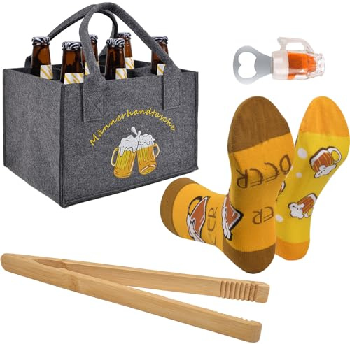 Nerien Cadeaux Autour de la Bière pour Hommes - 4 Pièces Cadeau D'Anniversaire Amusant Autour de la Bière, Cadeaux Autour de la Bière avec sac à Main Personnalisé pour Homme, Décapsuleur, Chaussettes