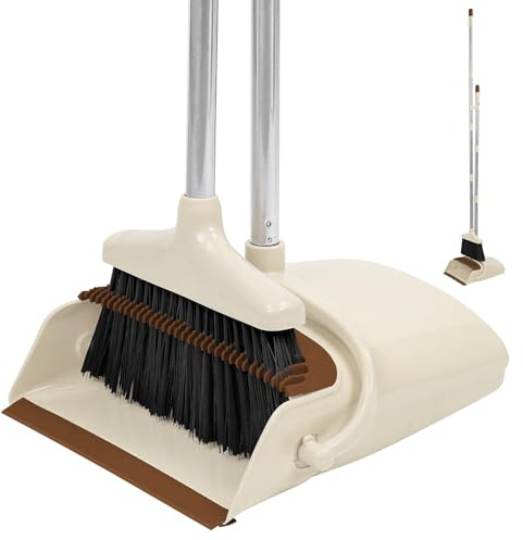Taylor & Brown Long Handled Dustpan and Brush, Broom and Dustpan Set, Household Dust pan Combo with 130cm Handle for Indoor Outdoor Household Cleaning and Sweeping (Beige)