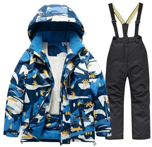 Combinaison de ski 2 pièces isolée pour garçons et filles, veste de neige à fermeture éclair, pantalon de ski pour enfants, tenue d'hiver coupe-vent et de planche à neige, Noir , 11-12 ans
