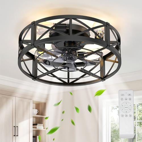 Caged Ceiling Fan with Light and Remote, 20 Low Profile Flush Mount Ceiling Fans with Light, 6 Speed, Timing, Reversible DC Motor, Small Farmhouse Fan Lights for Bedroon Kitchen Living Dining Room