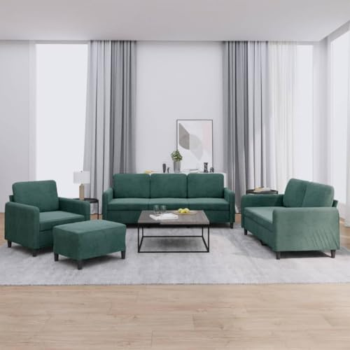 Mandloder 4-TLG. Sofagarnitur Dunkelgrün Samt, Modernes Design, Robuste Konstruktion, Bequeme Polsterung, für Wohnzimmer, Lounges, Büros, Entspannung, 1 Sessel, Zweisitzer, Dreisitzer, Hocker