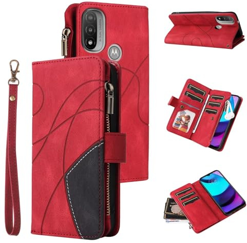 Funda para Motorola Moto E20/E30/E40, Estilo Retro, con Cremallera, Piel sintética, Suave, Cierre magnético, 9 Tarjetero, función Atril, Cartera con Correa, Rojo