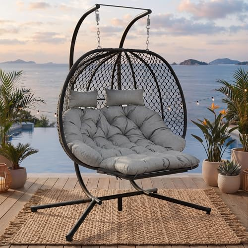 Merax Hängesessel mit Gestell, Schaukelstuhl mit Fußstütze und Kissen, Relaxsessel aus Polyester Seilgeflecht, Stabiler Metallrahmen, Indoor Outdoor für Balkon Garten Wohnzimmer, Grau