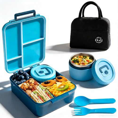 Lunch Box for Kids with Bento Box Bag and Stainless Steel Soup Jar and Cutlery, Leak-Proof kids lunch box 4-Compartments Freezer & Microwave Dishwasher Safe for School Outdoors Office Have a Picnic