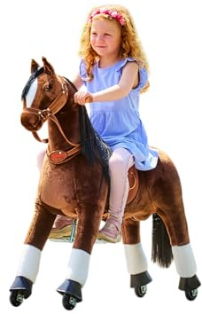 Ponnie Reitpferd mit Rollen Happy M (5-12 Jahre), Spielpferd zum Reiten mit Abnehmbarer Braun Sattel und Halfter mit Zaumzeug, Kämmbare Mähne und Schwanz, Plüschpferd zum Reiten für Kinder