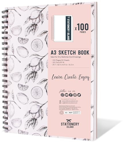 Stationery Island Album da Disegno Liscio. Quaderno a Spirale 100 Pagine. Album Disegno A3 Liscio Per Disegno, Schizzi, Scrapbooking e Svariate Tecniche, Carta 130 gsm.