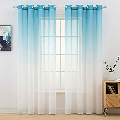MIULEE Gardinen Transparent Vorhänge Farbverlauf Voile Sheer 2er Set Vorhang mit Ösen Dekoschal Fensterschal für Schlafzimmer und Wohnzimmer 225 cm x 140 cm(H x B) Blau-weiß