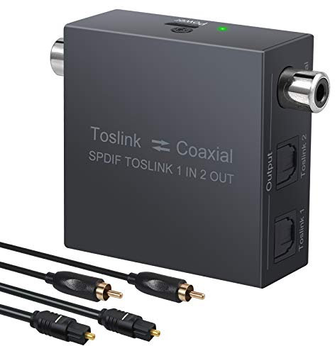 LiNKFOR 1x2 Splitter Audio Ottico 192KHz Convertitore Bidirezionale Coassiale o Toslink a Coassiale SPDIF con Cavo Coassiale e Cavo Ottico Supporta LPCM2.0 DTS Dolby AC3 per TV UHD DVD Sound Bar