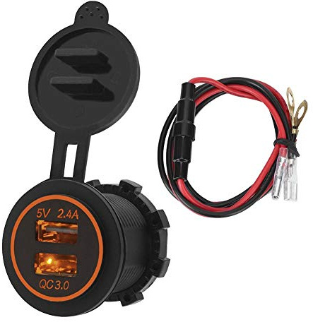 EBTOOLS Prise de Chargeur USB de Moto, Double USB étanche Chargeur de Tablette de téléphone Portable de Voiture Chargeur Rapide de sécurité pour QC 3.0(DC12V-24V-Orange)