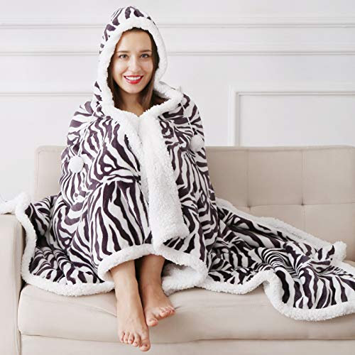 YORKSHIRE HOMEWARE Super Soft Warm Sherpa Fleece Wearable Hoodie Blankets Throws Animal Skin Print Check Designs -130 x 180 cm (Zebra)