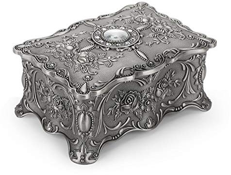 Hipiwe Schmuckschatulle im Retrosil, rechteckig, emailliert, 2 Ebenen, Schatztruhe, Schmuck, dekorative Box, Andenken, Geschenkbox für Frauen und Mädchen (Metallic-Grau, groß)