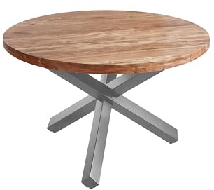 SAM Runder Esszimmertisch 120 cm Runa, Akazienholz massiv, Esstisch naturfarben, Sternfuß aus Metall Silber, Holztisch mit aufgedoppelter Tischplatte 50mm (25+25mm)