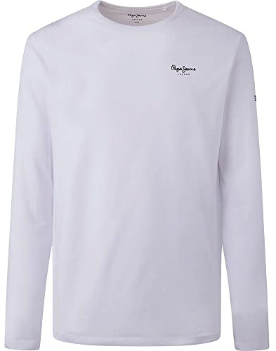Pepe Jeans London Original Basic 3N Uomo Slim Fit Maglia a Manica Lunga Cotone Stretch Girocollo con Logo Bianco