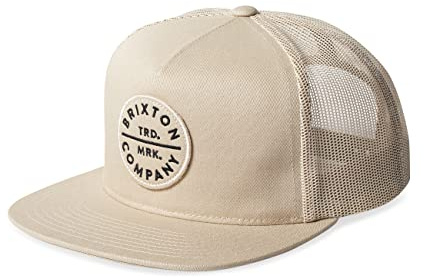 Brixton Pledge, Mesh Snapback Trucker Cap, Men’s Medium Profile, Adjustable, Flat Wide Brim Hat, Cotton & Polyester Blend, Safari/Safari, One Size