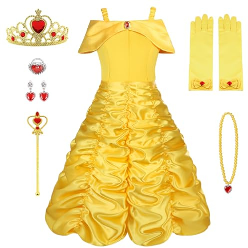 Vicloon Princess Belle Costume Dress, Little Girl Princess Dresses Fancy Party Dress with Crown Wand Gloves Necklace Ring and Earrings for Cosplay