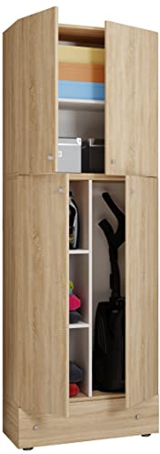 VCM Holz Besenschrank | 6 Fächer | Maße: H. 200 x B. 70 x T. 39 cm | Haushaltsschrank | Mehrzweckschrank | Extra Schublade - Lona
